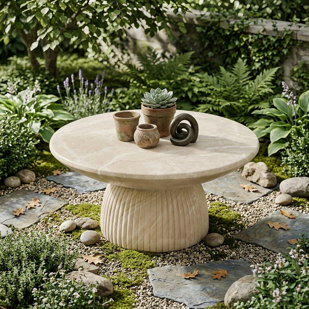 Round Coffee Table, 27 Inch Faux Travertine Magnesium Oxide Cocktail Table with Fluted Pedestal Base, Modern Wabi