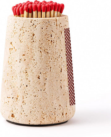 Travertine Match Holder with Striker & Extra Striker Pad - 2.9" x 3.9" Large Decorative Matchstick Organizer