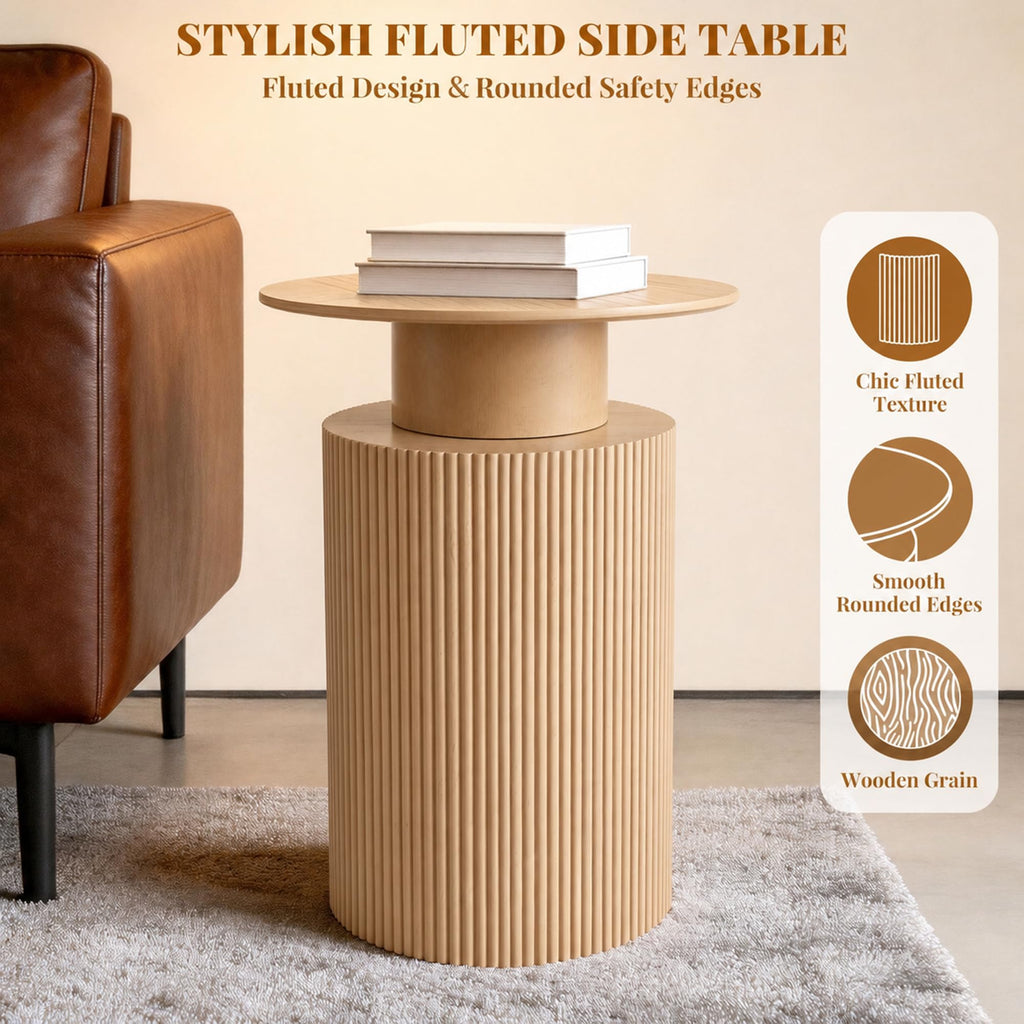 24" Fluted End Table Reversible, Hidden Storage, Natural Oak