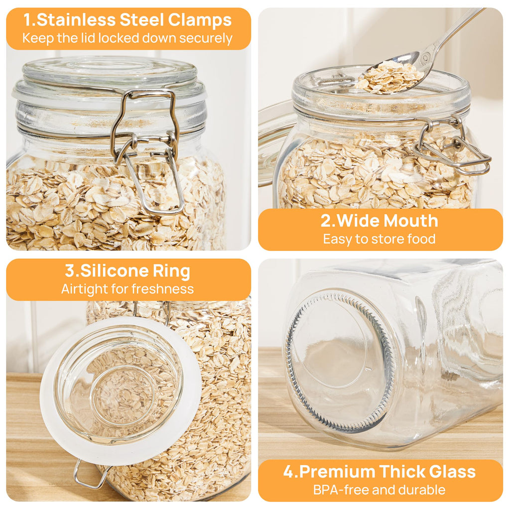 50oz Glass Food Storage Jars with Airtight Clamp Lids, 3 Pack