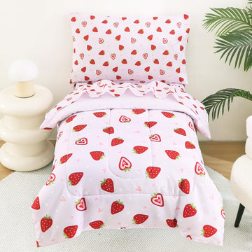Toddler Bedding Set, 4 Piece Bed-in-a-Bag Toddler Bed Comforter Sets for Girls, Toddler Bed Set, Prink Strawberry