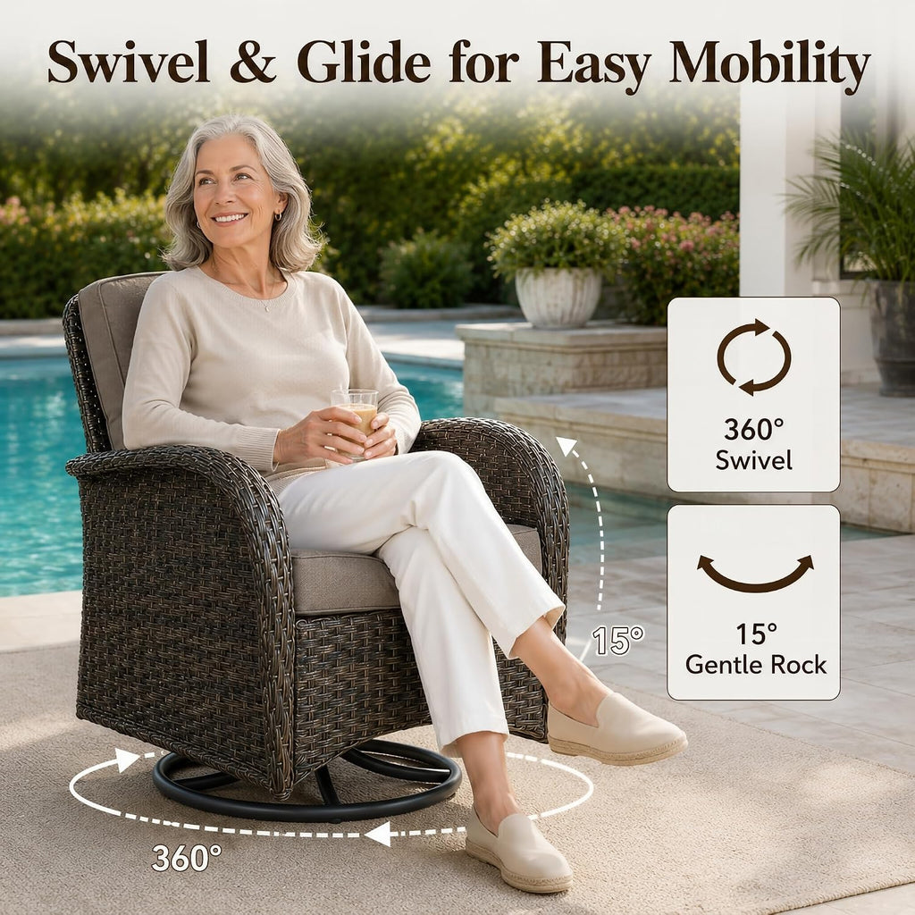 3 Piece Wicker Patio Swivel Rocker Set with Table, Brown/Grey | PE resin wicker, rust-resistant frame, glass top