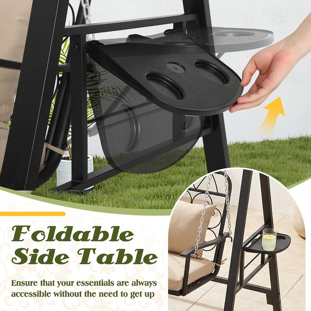 Porch Swing with Stand, Heavy-Duty Metal Patio Swing with Cup Holder | Outdoor Swings Chair for adults with Soft