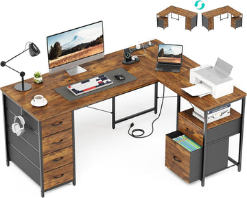 55 Inch L Shaped Office Desk with 6 Drawers & Type-C Port, Rustic Brown | File Cabinet, Power Outlets, Reversible
