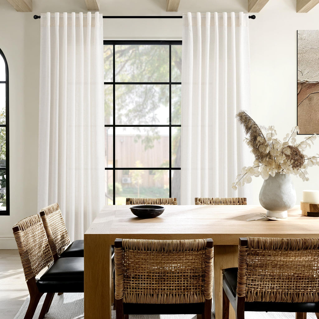 Ivory White Linen Curtains 90 inch Back Tab Rod Pocket Semi Sheer Cotton Textured Gauze Curtain Modern Farmhouse