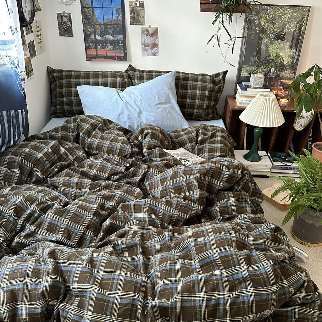 Vintage Buffalo Plaid Duvet Cover Set - 3 Piece Washed Cotton Bedding Set with Grid Pattern, Soft &
