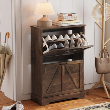 Farmhouse Shoe Storage Cabinet with 2 Flip Drawers, 23.6"(W) Freestanding Shoe Organizer with Barn Door and Metal