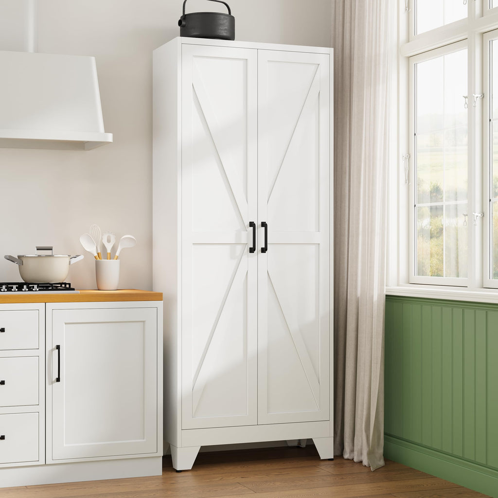 75" H Metal Storage Cabinet with 2 Doors and 4 Shelves, Tall Kitchen Pantry Cabinets, Farmhouse Utility Pantry
