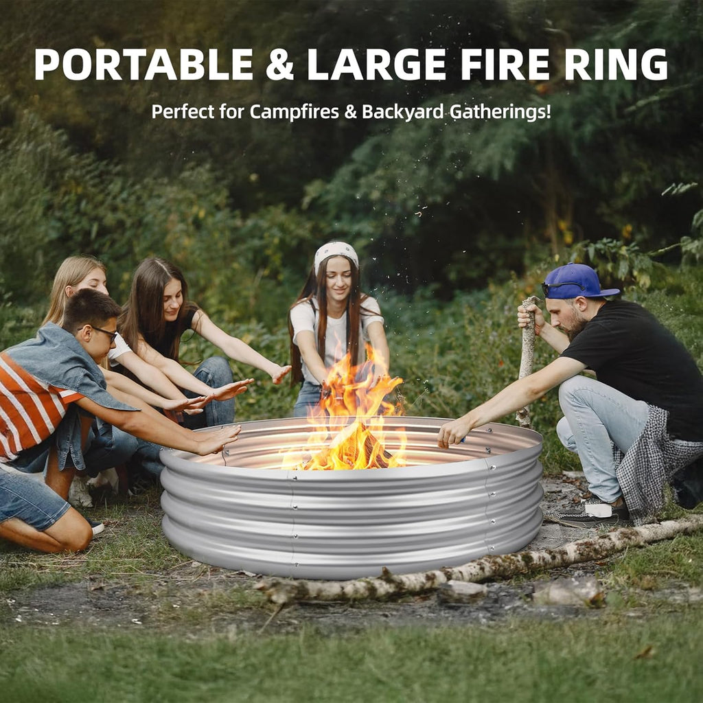 60 Inch Fire Pit Ring for Outside, 5FT Diameter Wood Burning Fire Ring, Large Round Galvanized Steel Fire Pit