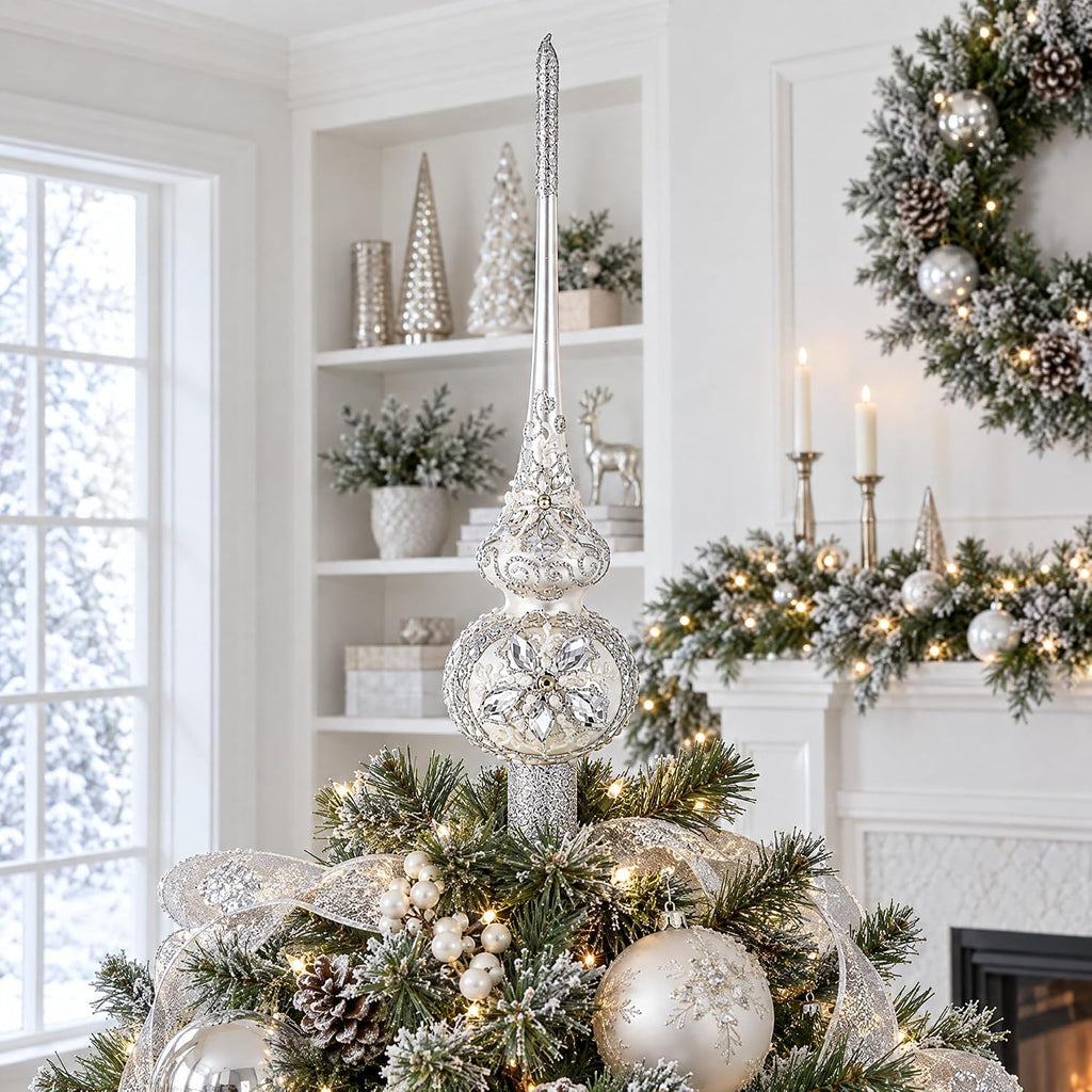 White Jewels Star on Glossy Silver Glass Christmas Tree Topper 11 Inches