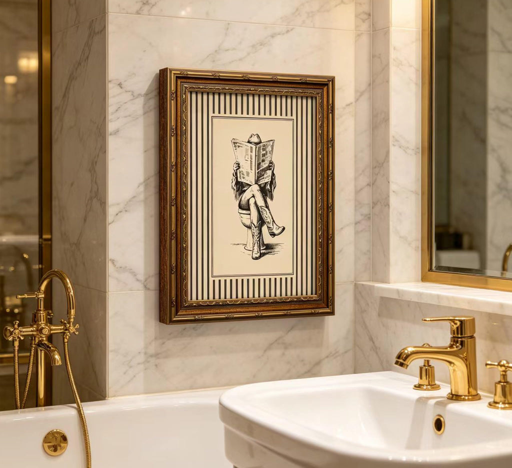 Vintage Gold Framed Cowgirl Bathroom Wall Art, Western Cowgirl Reading Newspaper on The Toilet Canvas Print, Cowboy