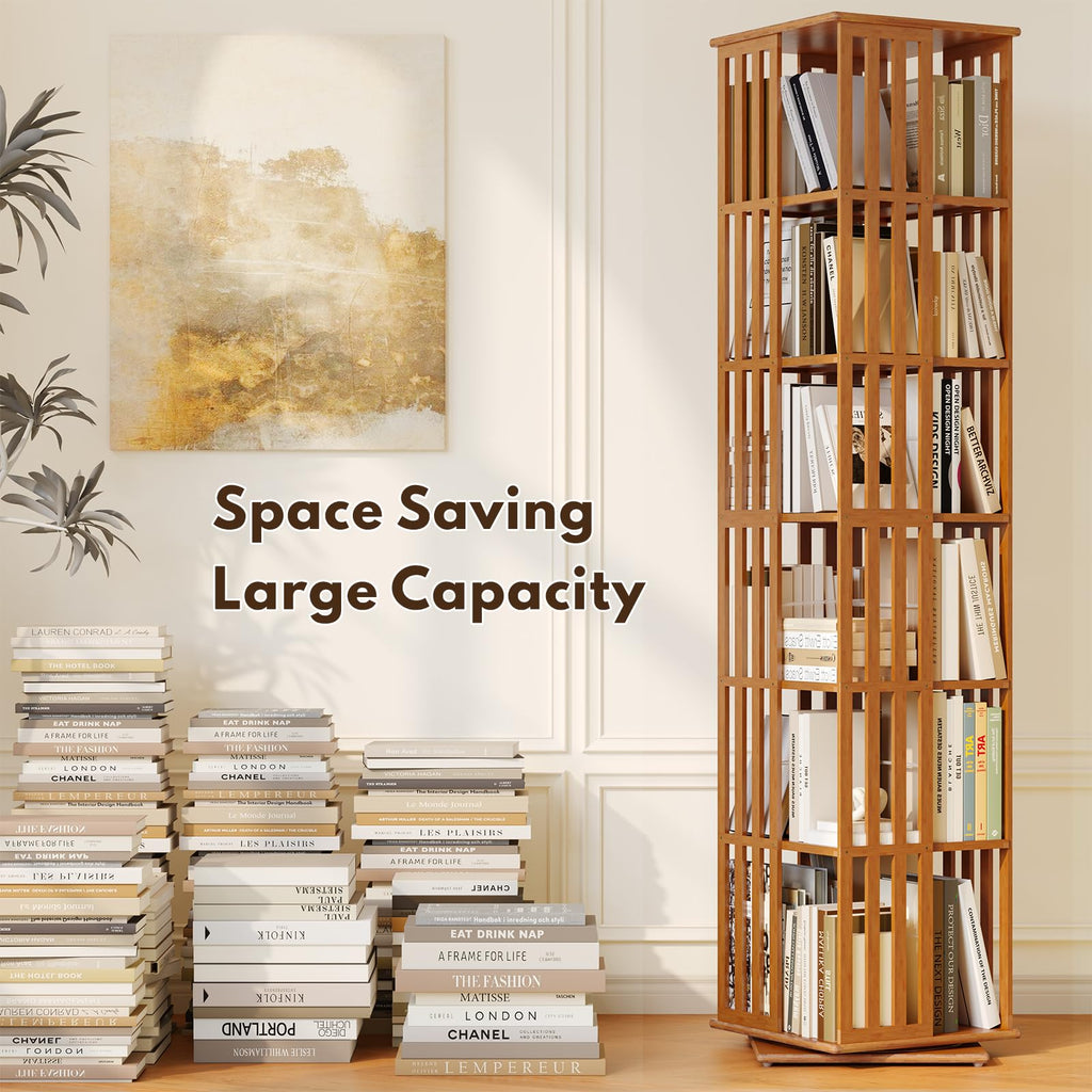 Rotating Bookshelf Tower, 360° Display Spinning Bookcase, Bamboo Bookshelf Floor Standing Storage Rack, Wood Narrow