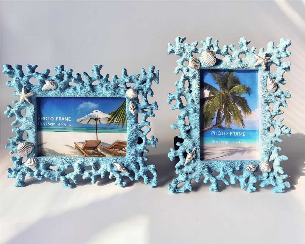 Blue 4x6 Shell Picture Frame, Resin Coral Beach Decor