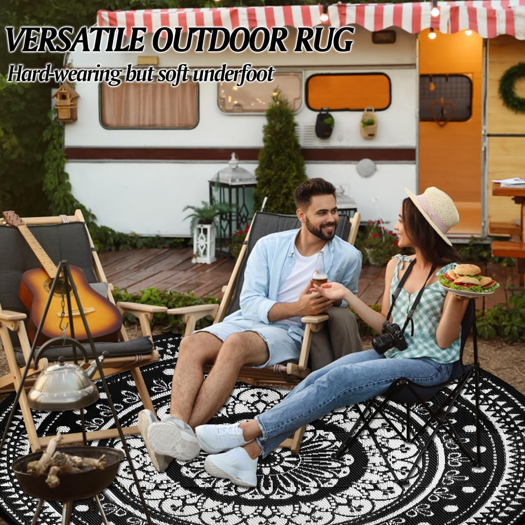 Round Outdoor Rugs 8Ft Waterproof Reversible Outdoor Patio Rugs Black Lightweight Plastic Straw Rugs Portable RV