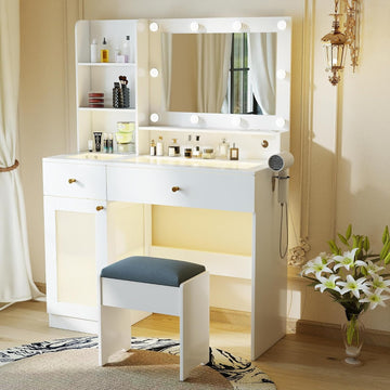 White Makeup Vanity Desk: 40" Vanity Desk with Mirror and Lights and Chair, Modern Makeup Table with Glass Top, 4