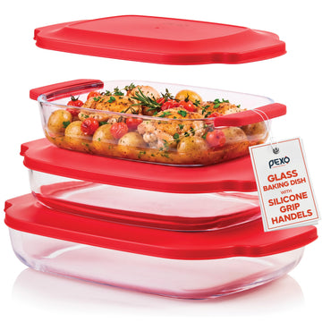 6-Piece Deep Glass Baking Dishes with Plastic Lids, Clear Glass Bakeware with Silicone Handles, (2.11QT, 3QT, 4.12QT)