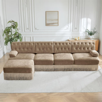 136" L-Shaped Velvet Chesterfield Style Modular Sectional Sofa, Oversized Button Tufted 4-Seater Couch with 1 Ottoman