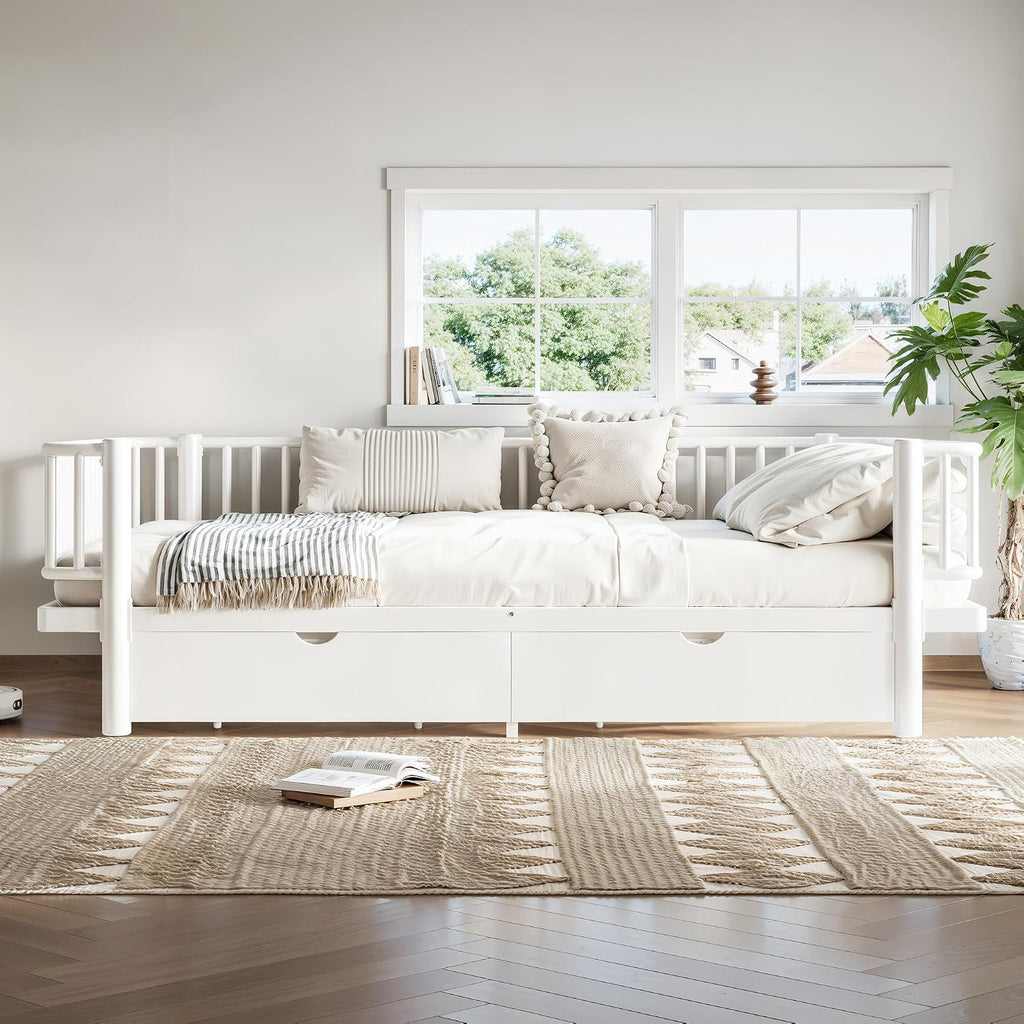 Metal Montessori Bed with Fence and Slats, Montessori Bed with Storage Drawers and Detachable Side Bed