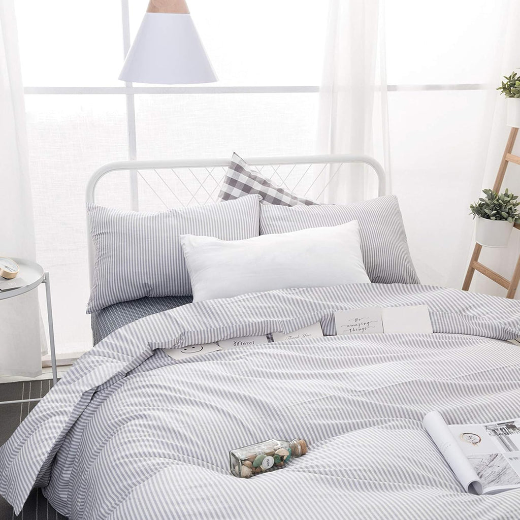 Striped Cotton Duvet Cover Set, Ticking Stripe Pinstripe Farmhouse, 100% Cotton Bedding Set, 3 Pieces, Gray White, King