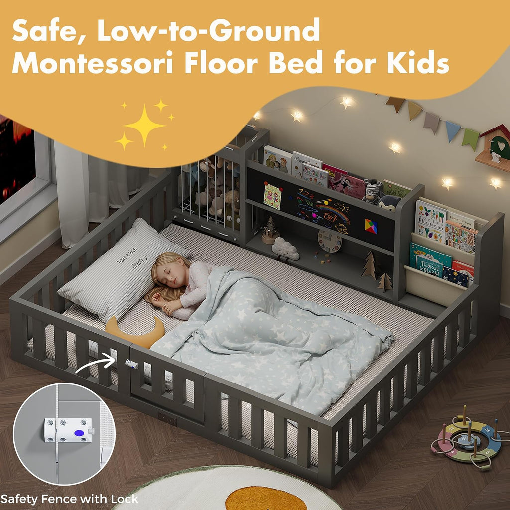 Montessori Wood Toddler Floor Bed with Blackboard & Bookshelf (Gray )