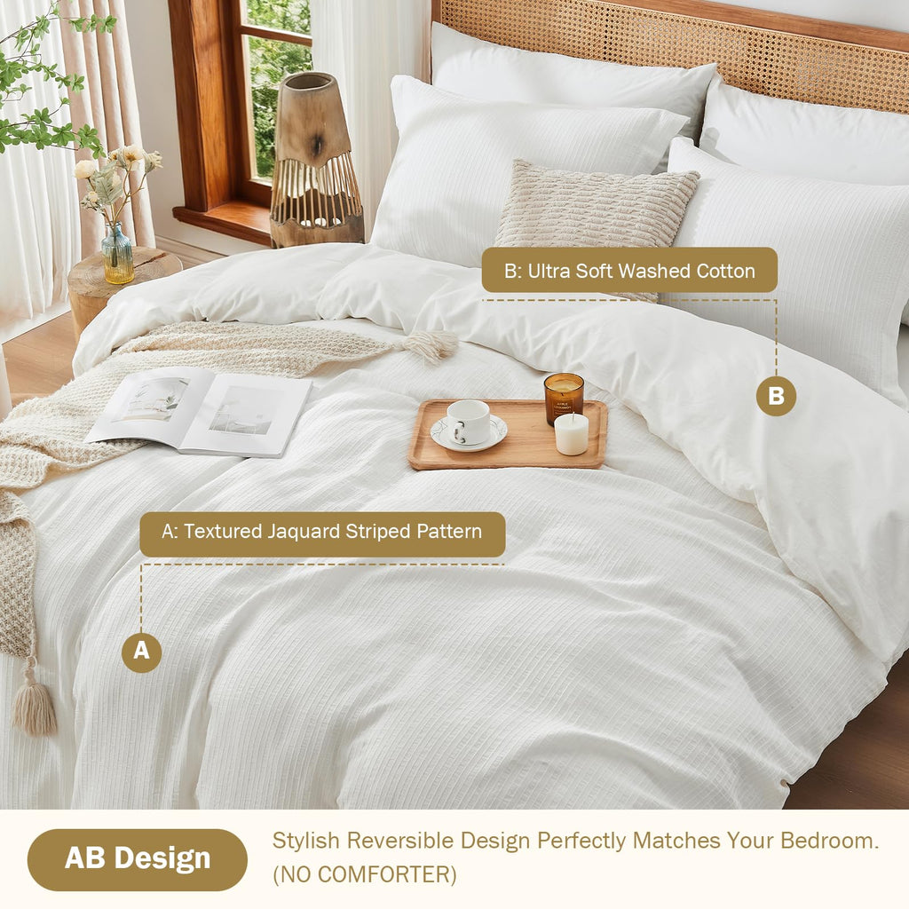 100% Washed Cotton Textured Striped Duvet Cover - Soft Breathable Lightweight Jacquard Bedding Set 3 Pieces