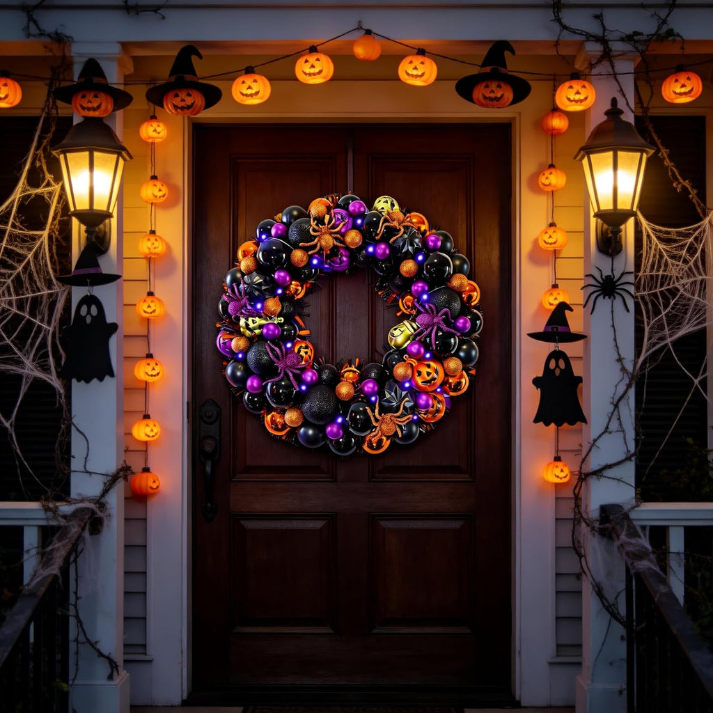 17 Inch Halloween Ball Wreath for Front Door with Lights | Lighted Cute Treat-or-Trick Door Wreath Ball Ornament for