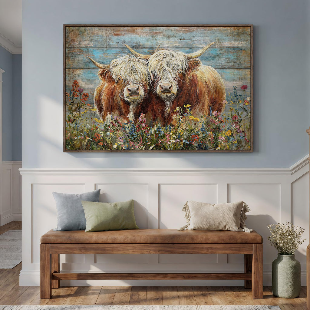 Large Farmhouse Highland Cow Wall Art, Horizontal Prints Paintings 48x32 In