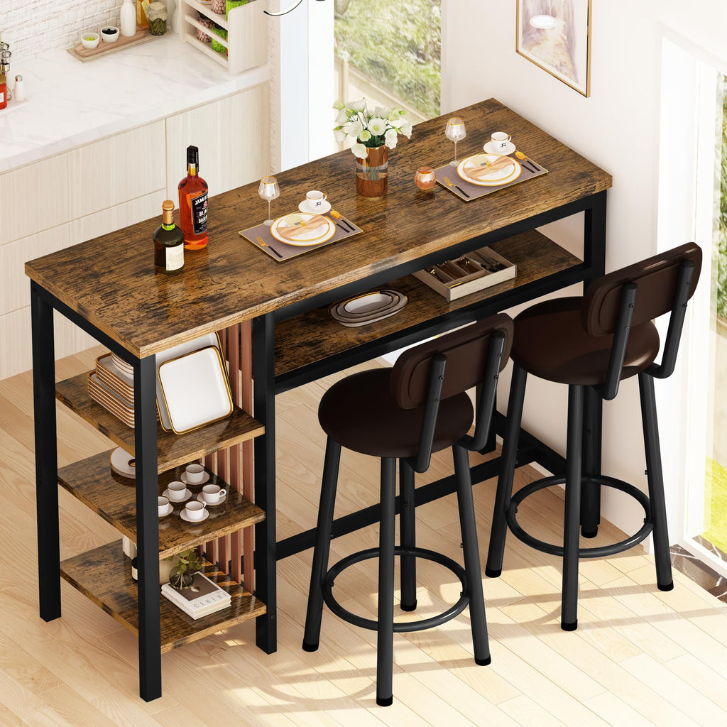 47" Bar Dining Table Set for 2, 3 Piece Bar Table and Chairs Set, Kitchen Counter Height Dining Table Set, Small