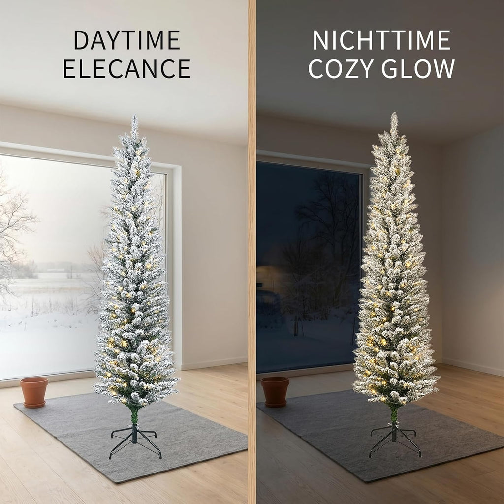 Pre-Lit Slim Pencil Flocked Artificial Christmas Tree with Lights