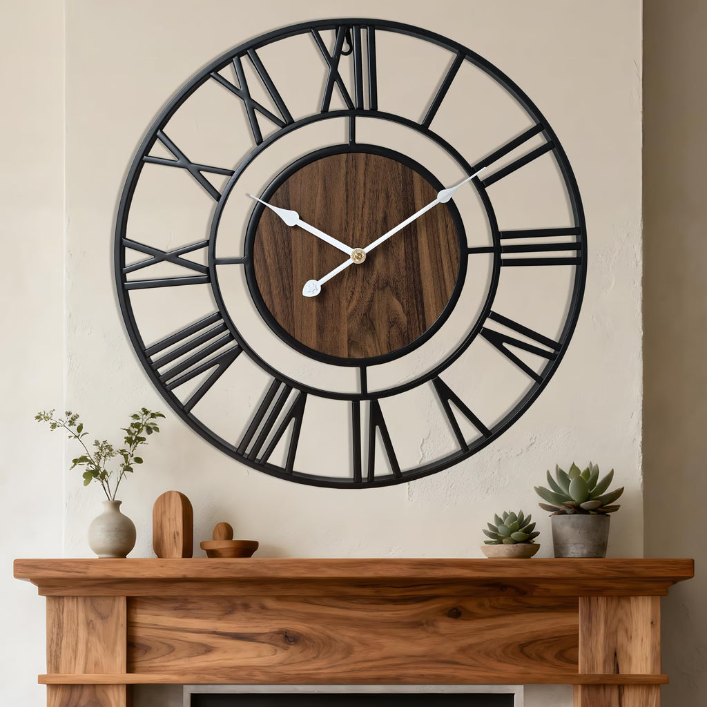 Large Metal Wall Clock, 30 Inch Retro Decorative Silent, Non Ticking, Battery Operated Modern Big Wood Wall Clock