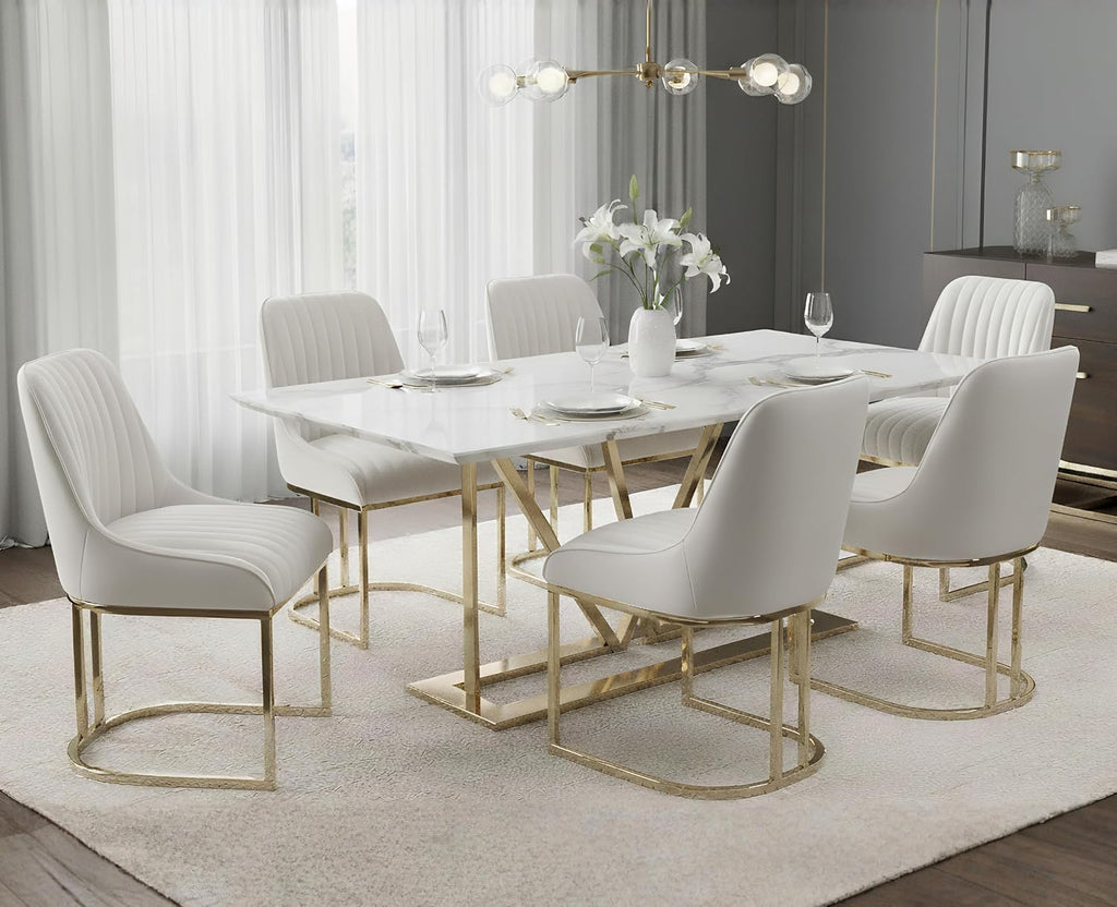 Velvet Upholstered Dining Chairs Set of 6 Modern Accent Dining Room Chairs with Gold Metal Base Comfy Padded Kitchen