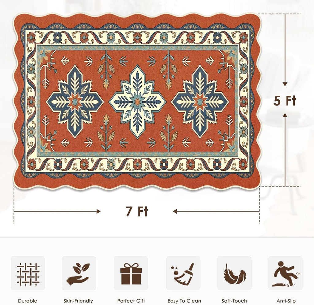 Washable Scalloped Area Rug, Boho Aztec, 5'x7'
