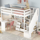 Wood Loft Bed Twin, Multifunctional Twin Bed Frame with L-Shaped Desk and Drawers, Cabinet and Storage Staircase, White