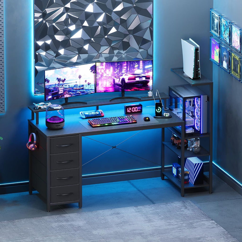 59 Inch Gaming Desk with Drawers & PC Tower Stand & LED Lights, Black | Reversible, Monitor Shelf, Power Outlets