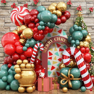 Christmas Balloons Arch Garland Kit, 125 Pack Retro Dusty Red Green Gold Balloons, Candy Cane Foil Balloons Decor