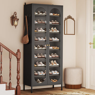 9-Tier Tall Shoe Cabinet with Fluted Doors, Metal Shoes Cabinet, Black