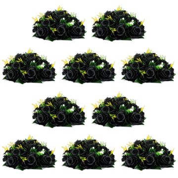 Black Roses Artificial Pcs of 10 Fake Flower Bouquet Black Artificial, 15 Heads Fake Roses with Base, Real Looking