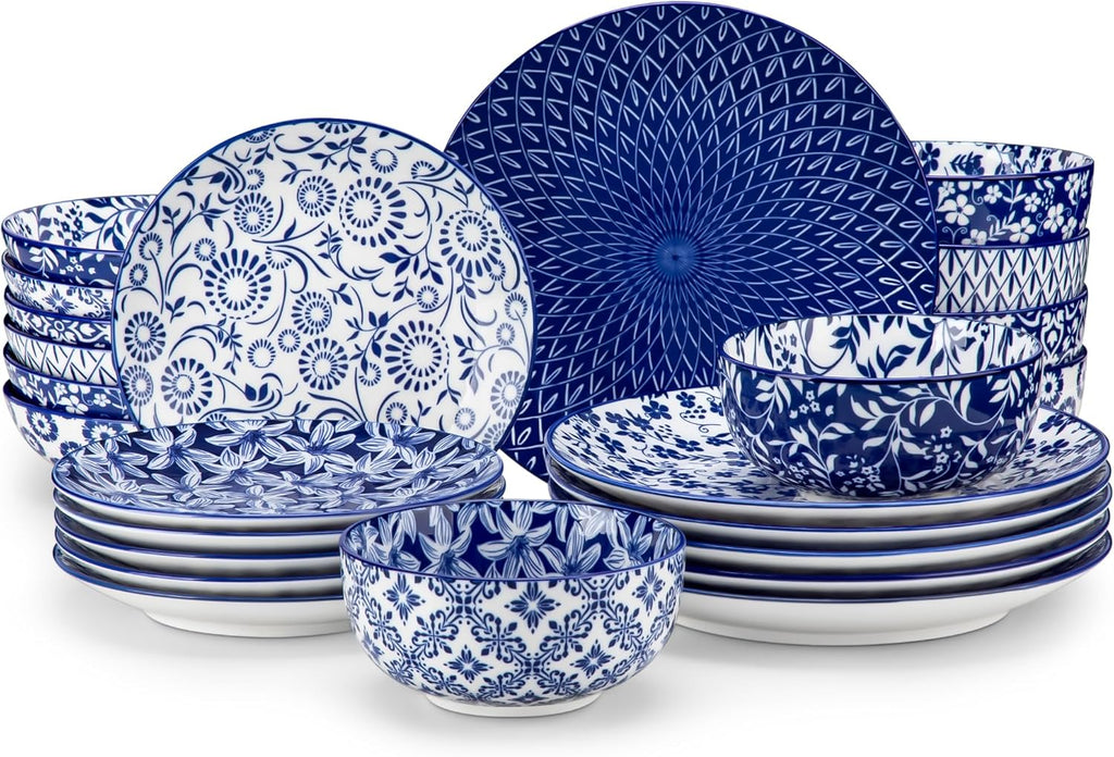 SELENE Plates and Bowls Set for 6, 24 Pieces Dinnerware Sets, Mircowave and Dishwasher Safe Dishes Set