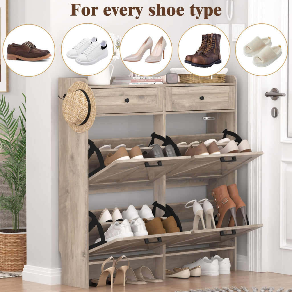 Shoe Cabinet with 4 Flip Drawers & 2 Storage Drawers, Rustic Farmhouse Narrow Shoe Organizer Cabinet, Slim Shoe Rack