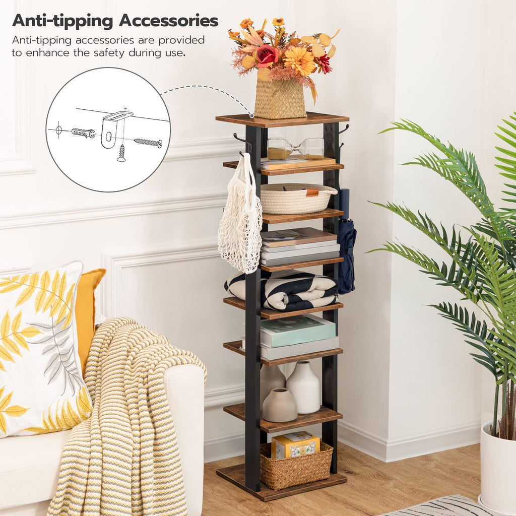 8 Tiers Vertical Shoe Rack, Wooden Shoe Storage Organizer with Hooks, Narrow Shoe Tower for 8 Pairs, Space Saving