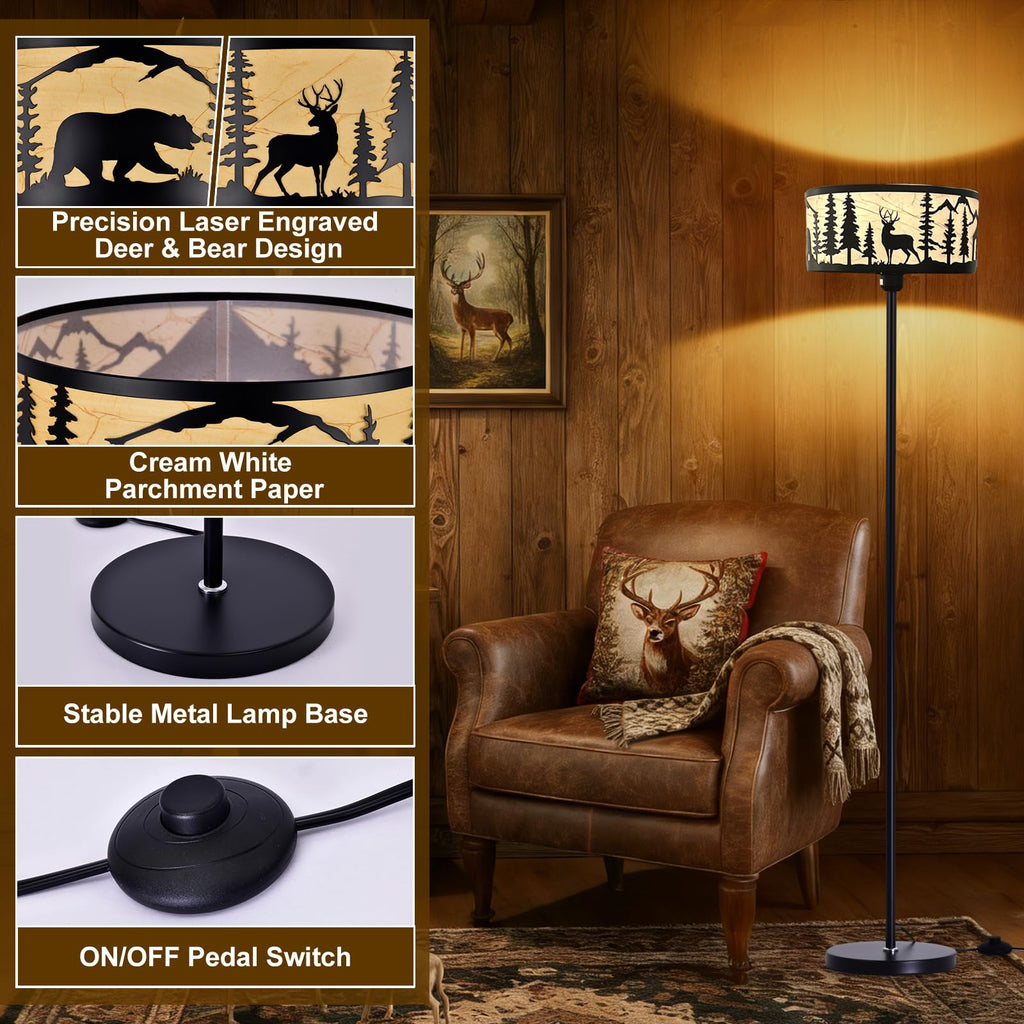 Rustic Floor Lamp, Deer Bear Forest Drum Shade Black Farmhouse Standing Light, 57.67" Metal Gothic Floor Lamp, Corner
