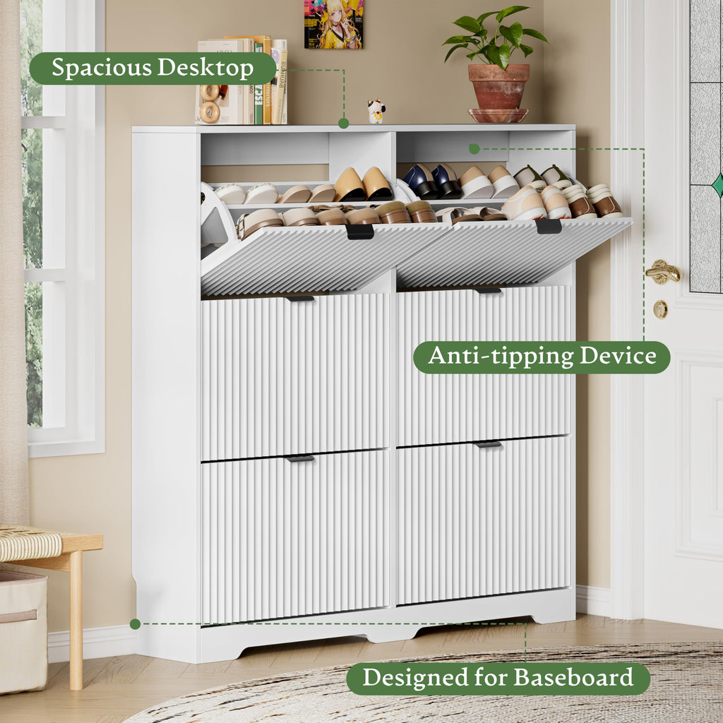 Shoe Storage Cabinet with 6 Flip Drawers, Hidden Slim Wood Shoe Organizer with Modern Fluted Panel, Freestanding