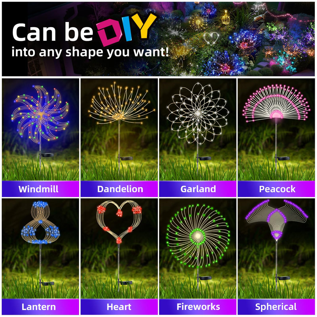 4 PCS Solar Firework Light, Outdoor Solar Garden Decorative Lights 120 LED Powered 40 Copper Wires String DIY