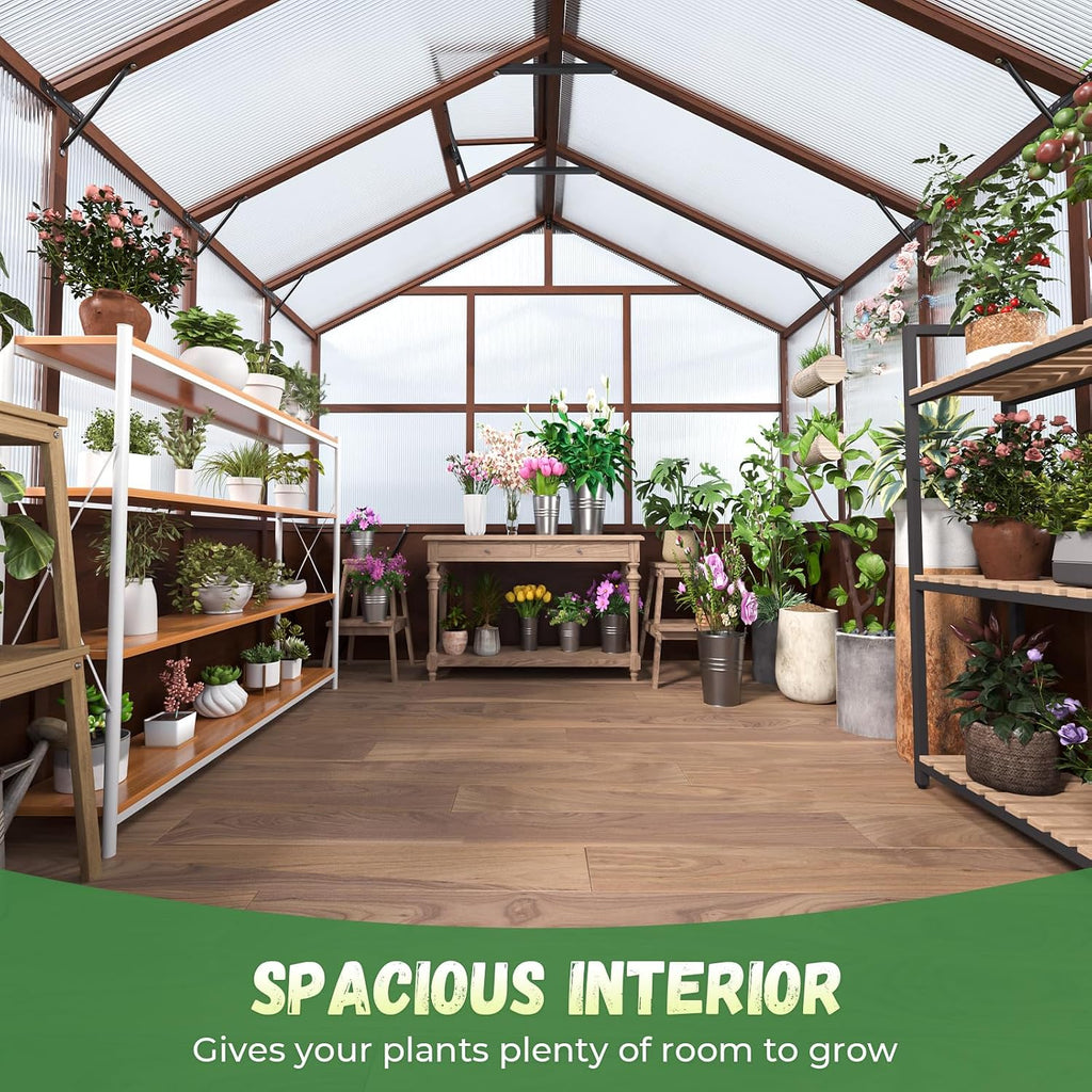 8x10ft Outdoor Greenhouse, Wooden Frame Polycarbonate Greenhouse with Adjustable Roof Vents and Lockable Door Handle