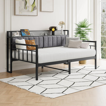 Metal Daybed Frame Twin Size with Charging Station, Metal Twin Bed Frame with Upholstered Headboard with Strong Steel