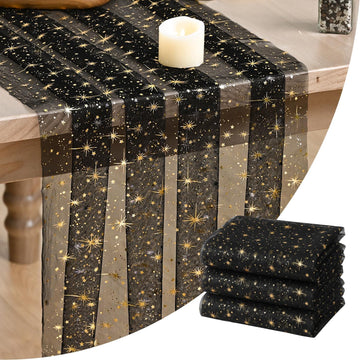 3PC Gold Stars Black Gauze Table Runner 120 Inch 10FT, Reversible Glitter Sheer Dining Wedding Holiday Birthday Table