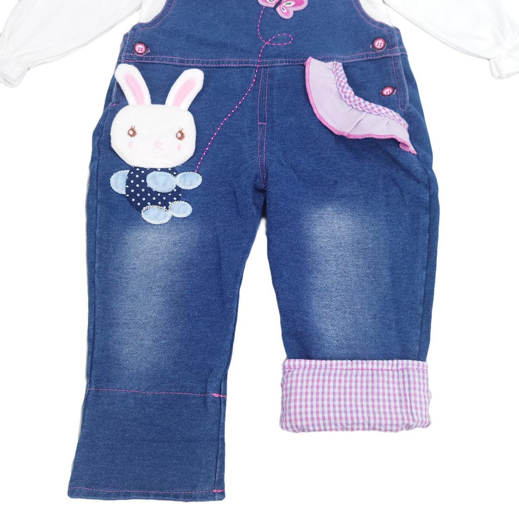Baby Girls Denim Overalls Set Bunny Embroidery Ruffle Top
