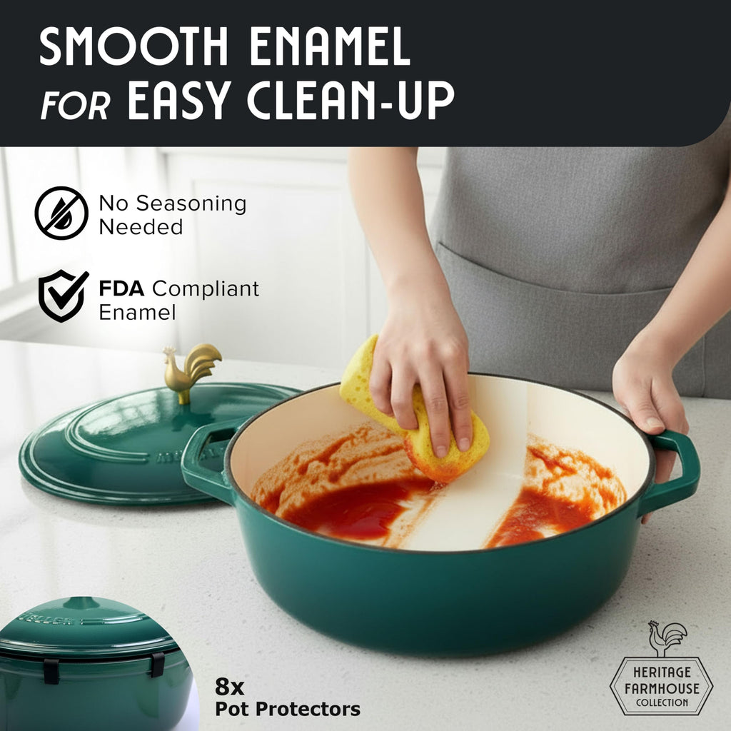 5.5 Quart Enameled Cast Iron Oval Dutch Oven with Rooster Knob and Cotton Potholders, Heavy-Duty Cookware