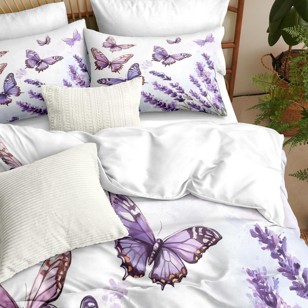 Purple Lavender Queen Comforter Set, Butterfly Bedding Set Soft Victorian Style Flowers Print - 3 Pieces Fluffy