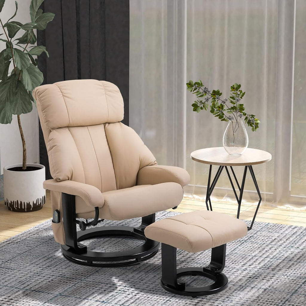Modern Reclining Swivel Lounge Chair and Ottoman — Beige PU Leather